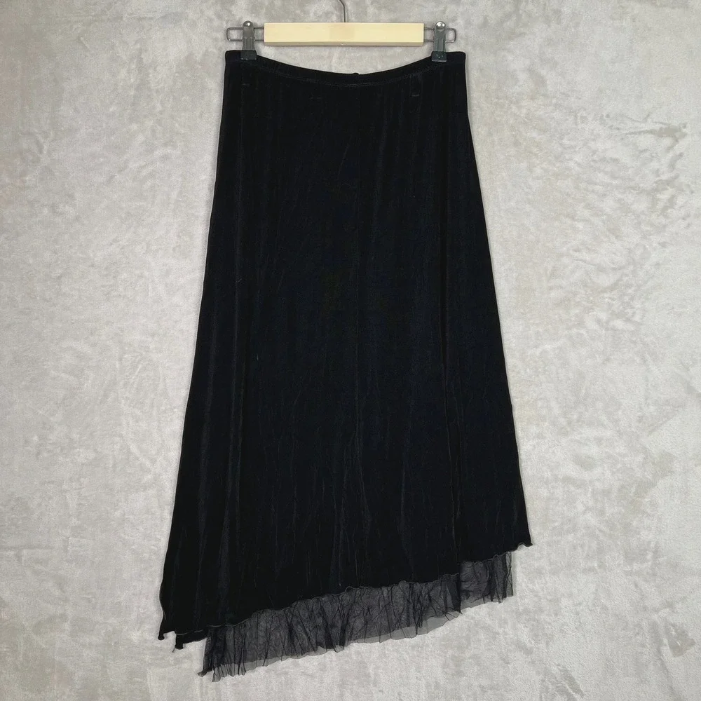 Chico's Travelers Black Asymmetrical Mesh Trim Midi Skirt Women's Size 1 (M)